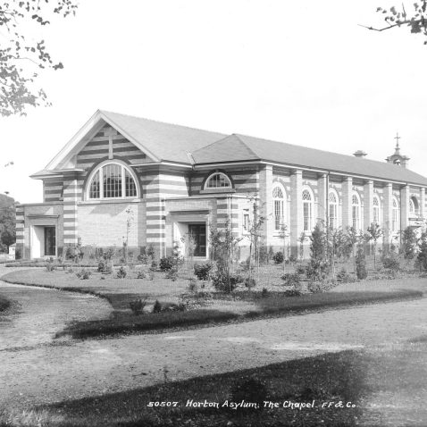 Horton chapel postcard from a photograph taken shortly after opening. Note the newly-planted trees.